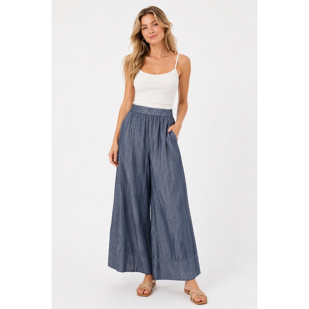 Mata Traders Cotton High Rise Chambray Wide Leg Pants Blue XL